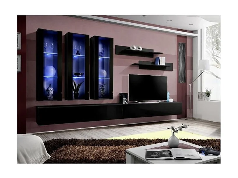 Meuble TV FLY E3 design, coloris noir brillant. Meuble suspendu moderne et tendance pour votre salon.