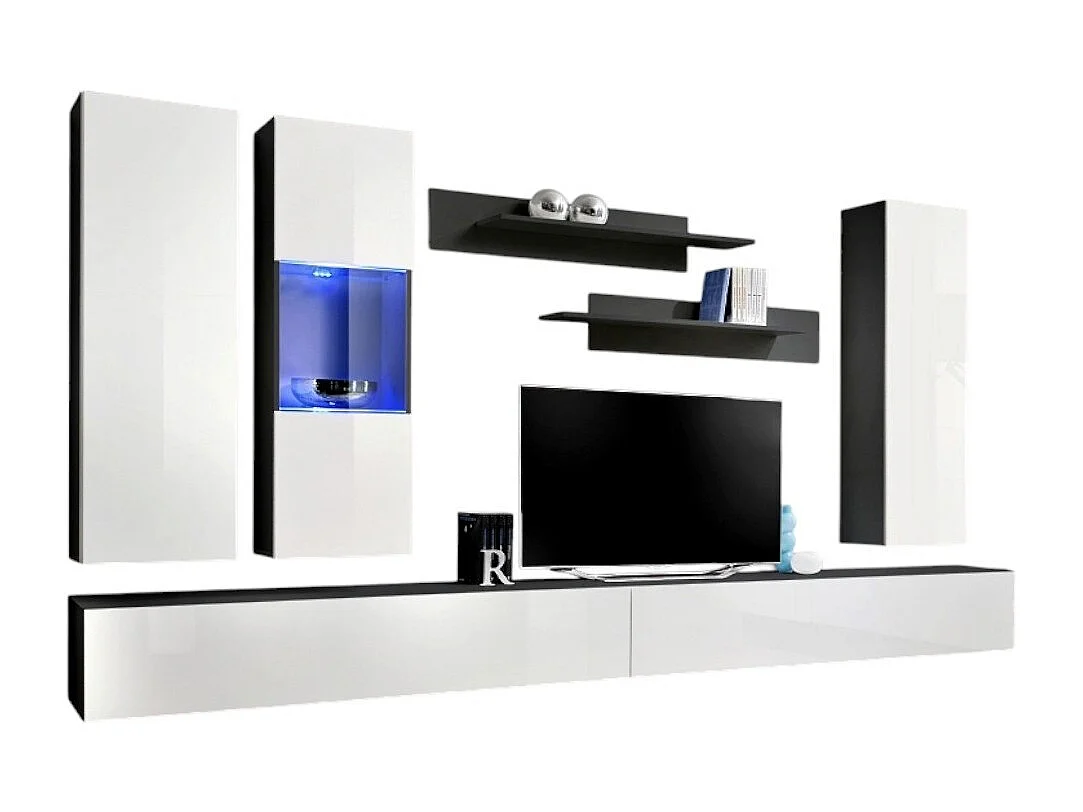 Meuble TV FLY E5 design, coloris noir et blanc brillant. Meuble suspendu moderne et tendance pour votre salon.