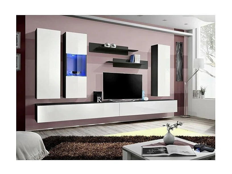 Meuble TV FLY E5 design, coloris noir et blanc brillant. Meuble suspendu moderne et tendance pour votre salon.