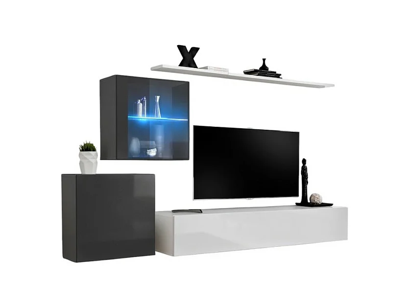 Wand-Wohnzimmermöbel-Set SWITCH XV im Design, Farben Weiß und glänzendes Grau.