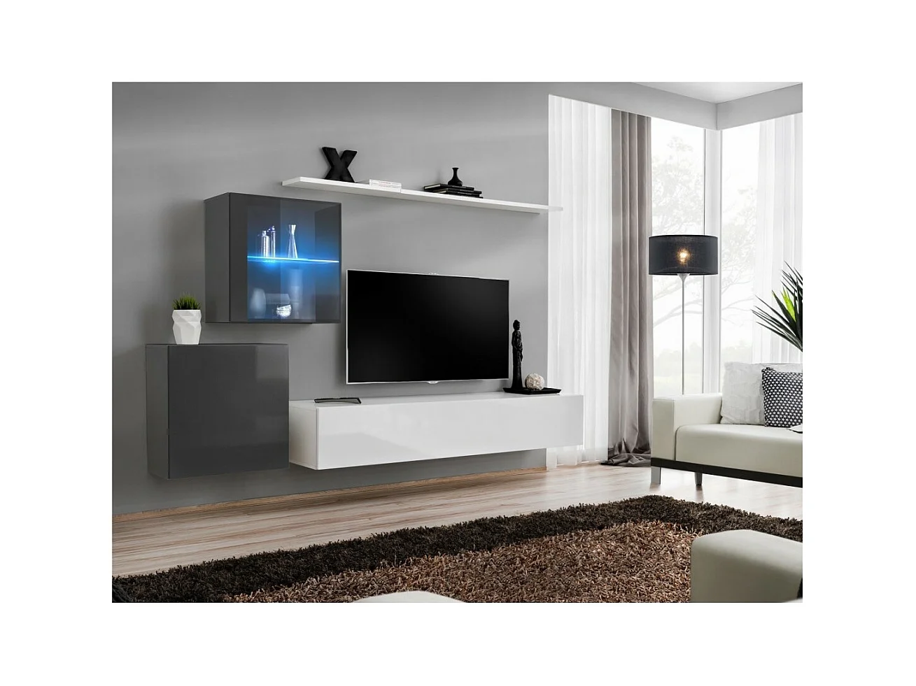 Wand-Wohnzimmermöbel-Set SWITCH XV im Design, Farben Weiß und glänzendes Grau.