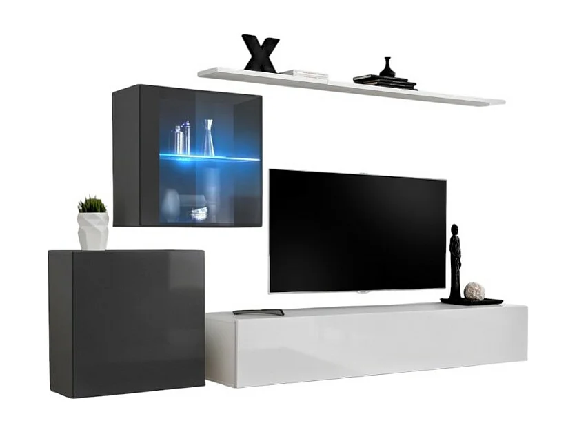 Wandmeubelset voor woonkamer SWITCH XV design, in glanzend wit en grijs.