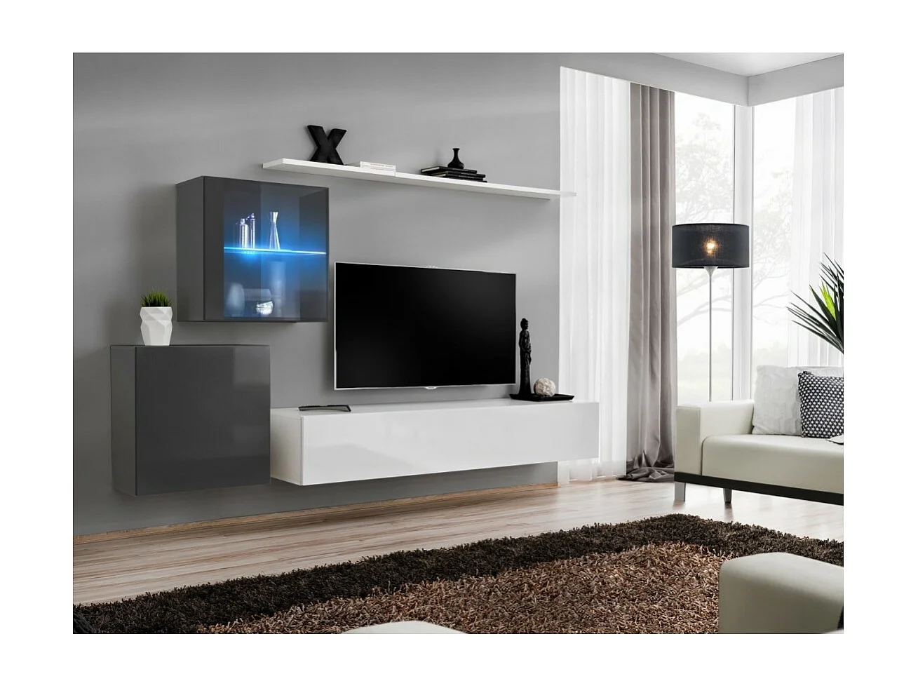 Wandmeubelset voor woonkamer SWITCH XV design, in glanzend wit en grijs.