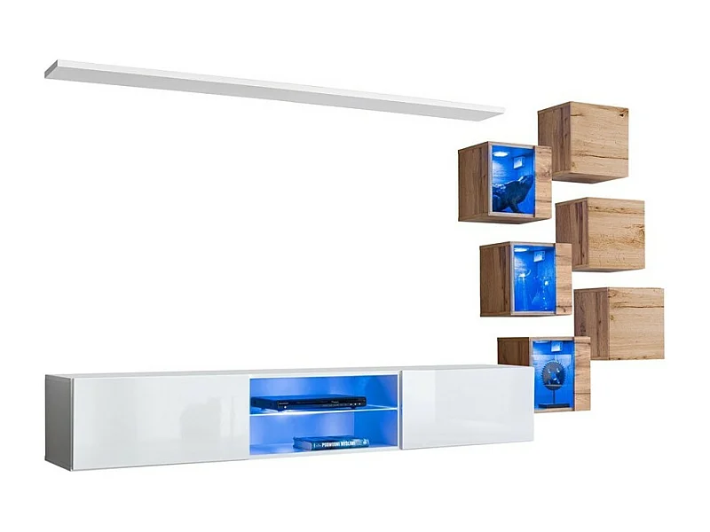 Conjunto de móveis para sala de estar SWITCH XXI design, nas cores branco e carvalho.