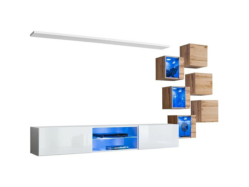 Conjunto de muebles de salón SWITCH XXI – LED – Blanco y roble – Diseño suspendido