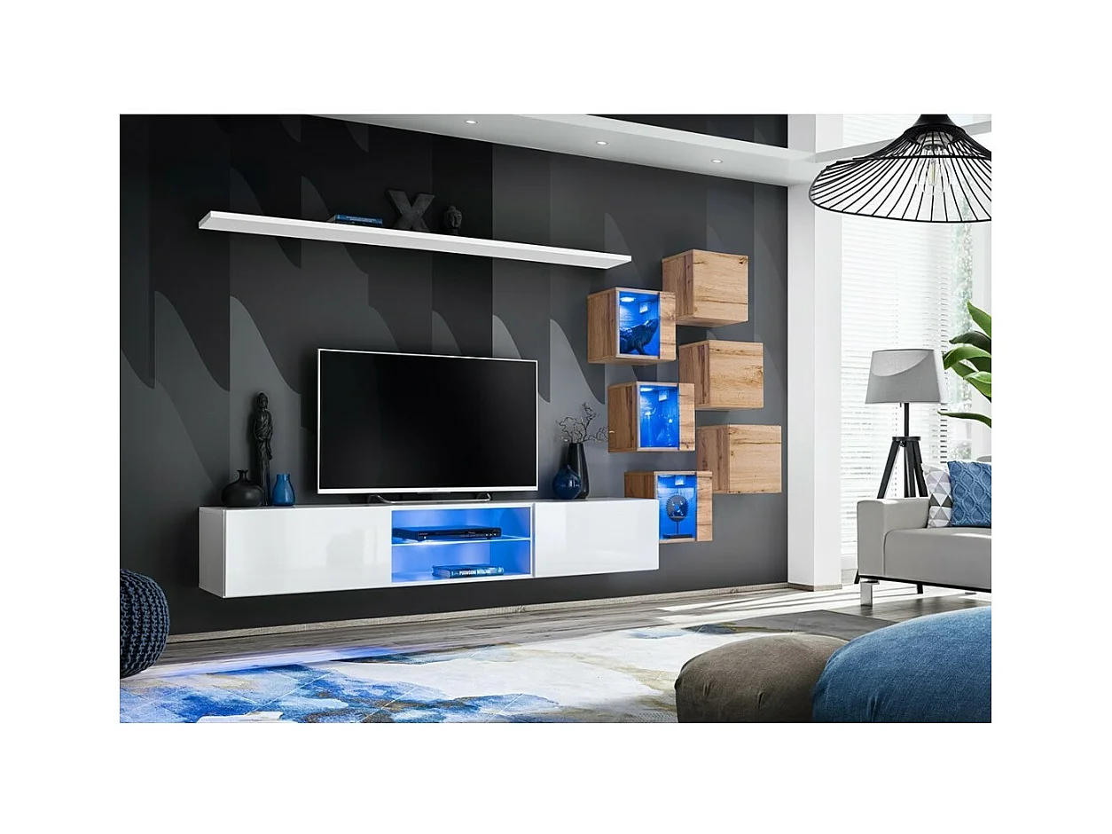 Conjunto de muebles de salón SWITCH XXI – LED – Blanco y roble – Diseño suspendido