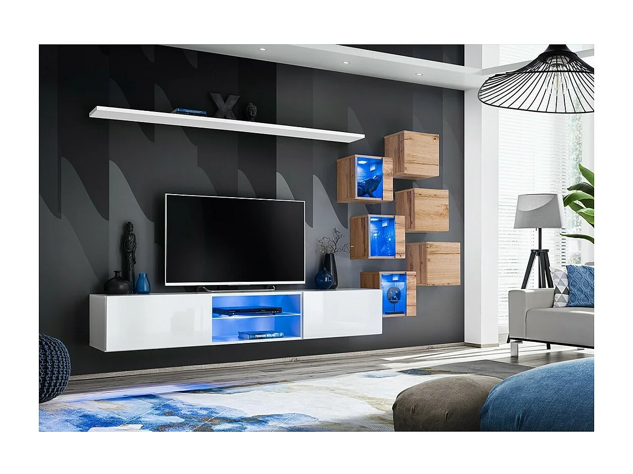 Conjunto de móveis para sala de estar SWITCH XXI design, nas cores branco e carvalho.