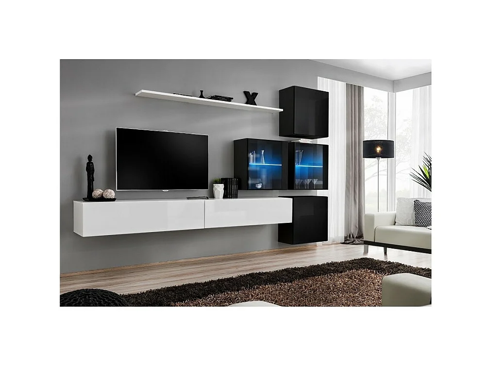 Conjunto de móveis para sala de estar SWITCH XIX, design em cores branco e preto brilhante.