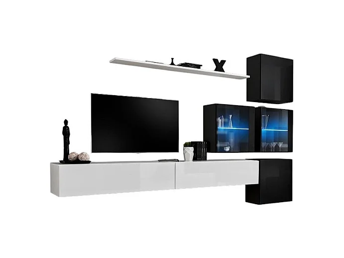 Ensemble meubles de salon SWITCH XIX design, coloris blanc et noir brillant.