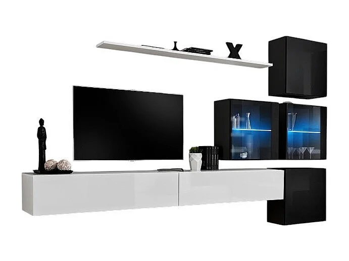 Conjunto de móveis para sala de estar SWITCH XIX, design em cores branco e preto brilhante.