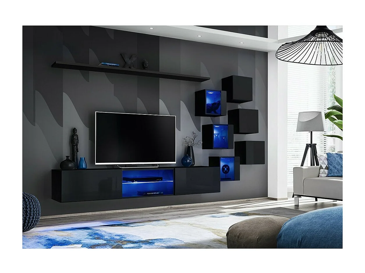 Woonkamermeubelset SWITCH XXI - LED - Hoogglans Zwart - Design wandcompositie