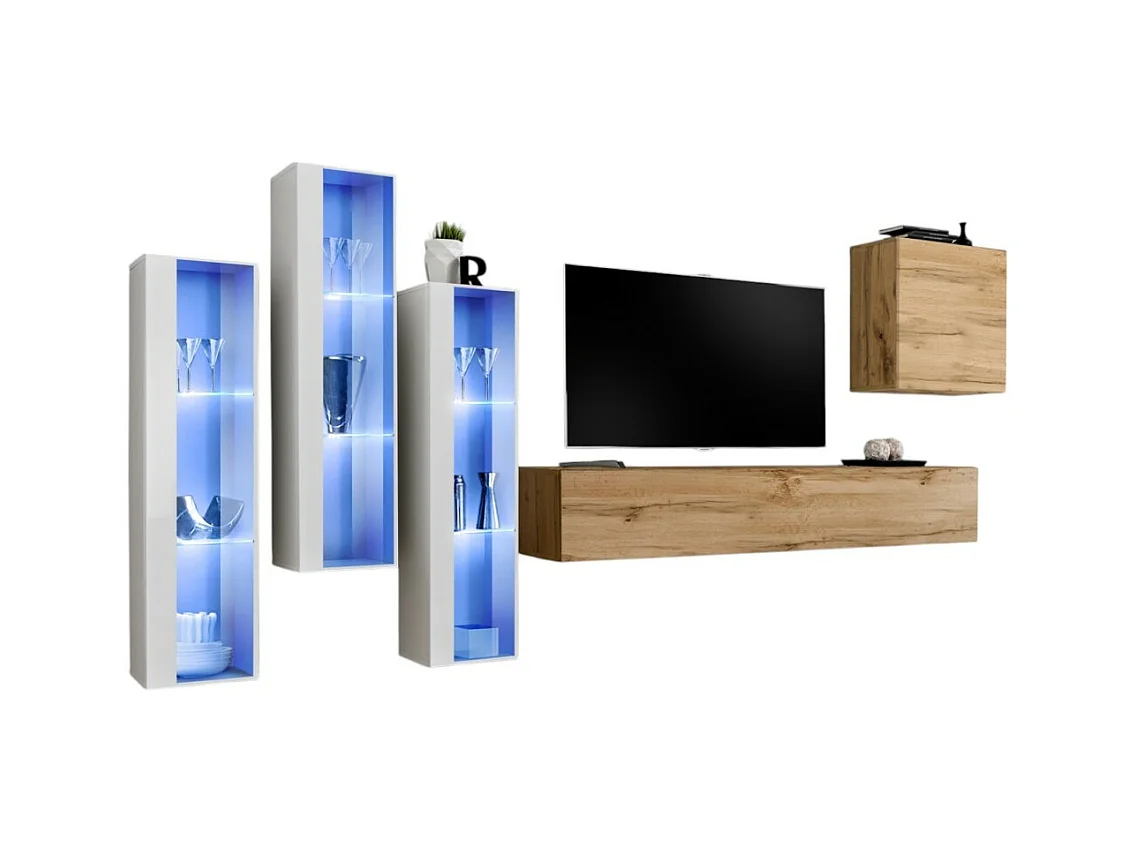 Ensemble meuble salon mural SWITCH XIII design, coloris chêne Wotan et blanc.