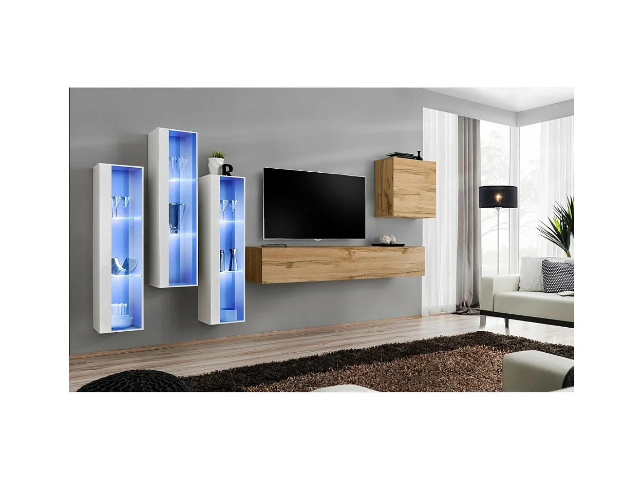 Ensemble meuble salon mural SWITCH XIII design, coloris chêne Wotan et blanc.