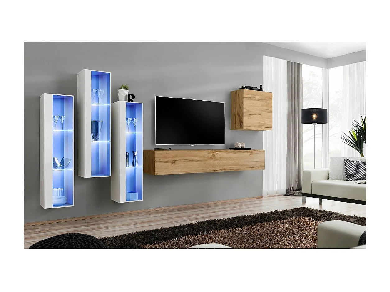 Ensemble meuble salon mural SWITCH XIII design, coloris chêne Wotan et blanc.