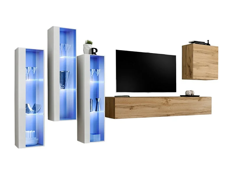 Ensemble meuble salon mural SWITCH XIII design, coloris chêne Wotan et blanc.