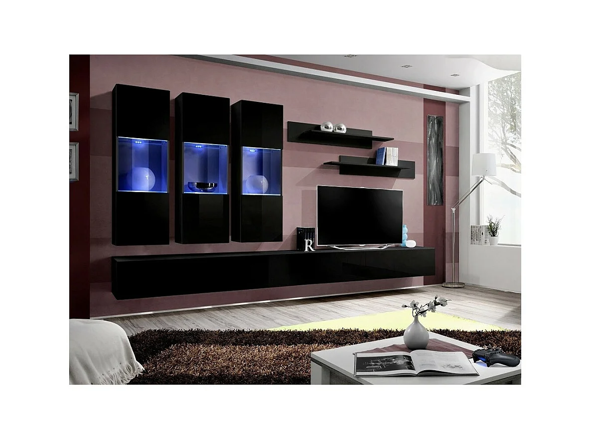 Mueble para TV FLY E3 de diseño, color negro brillante. Mueble colgante moderno y a la moda para su salón.