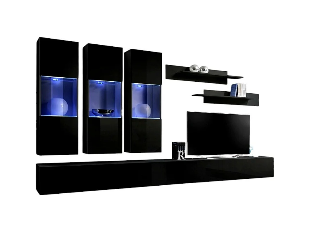 Meuble TV FLY E3 design, coloris noir brillant. Meuble suspendu moderne et tendance pour votre salon.