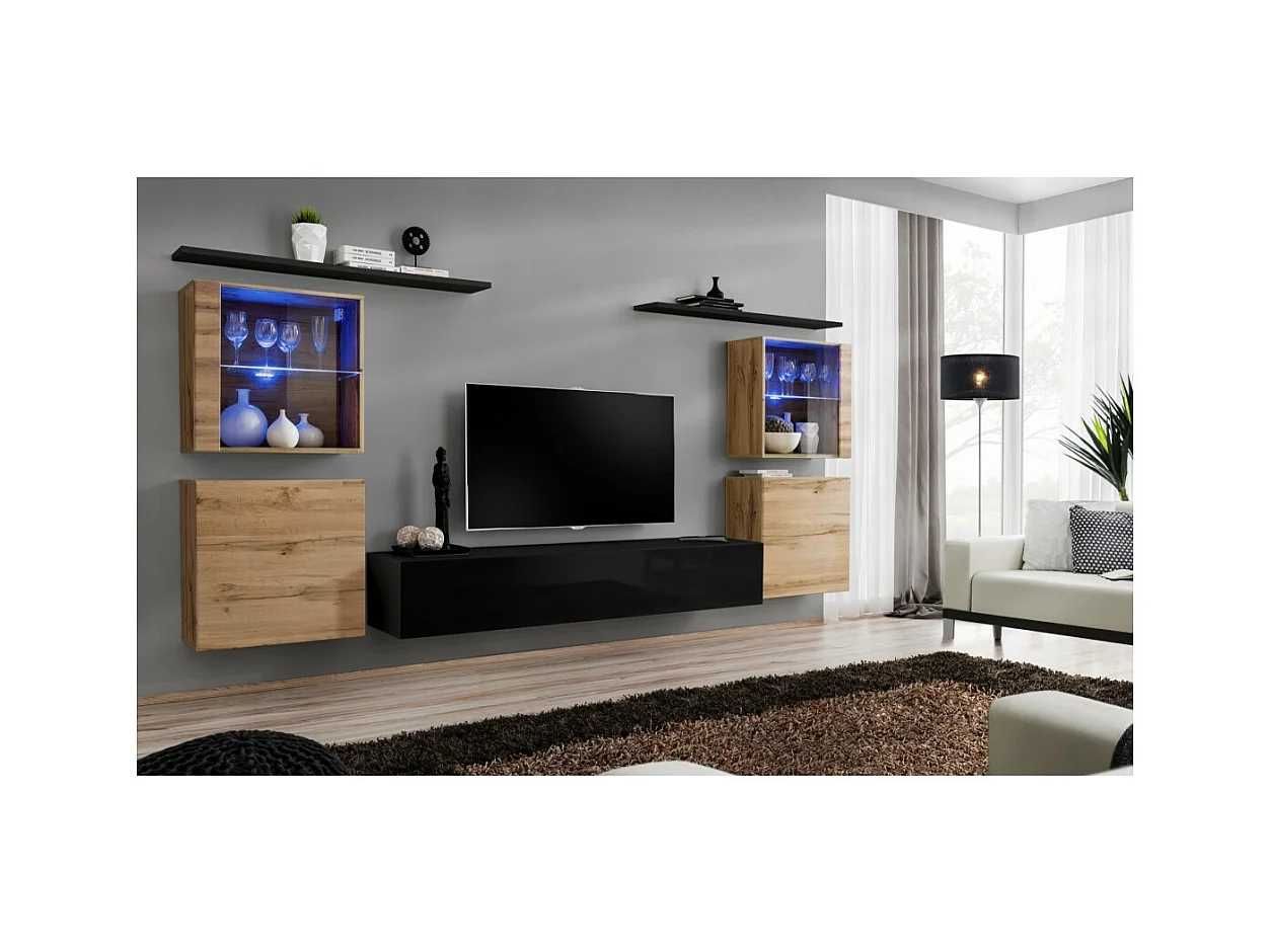 Wohnzimmer-Wandmöbelset SWITCH XIV im Design, glänzend schwarz und Wotan-Eiche.