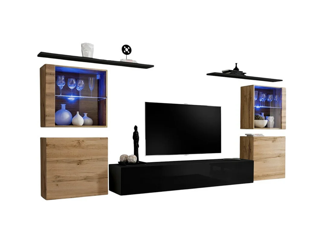 Ensemble meuble salon mural SWITCH XIV design, coloris noir brillant et chêne Wotan.