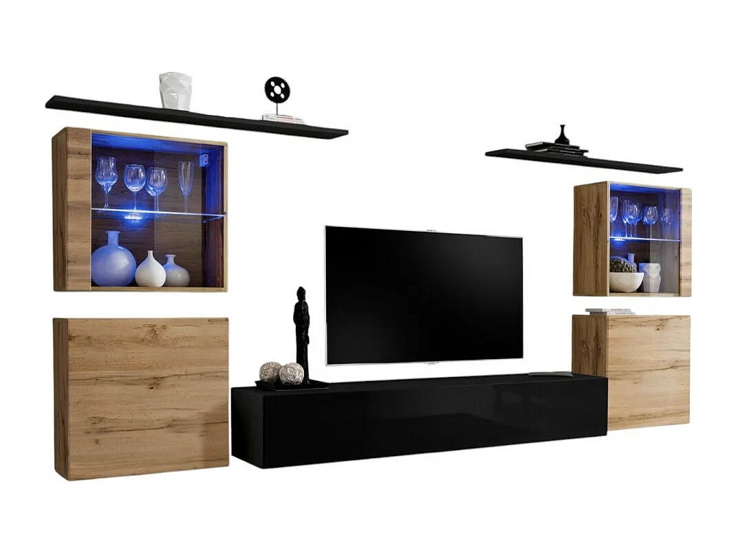 Wandmeubelset voor de woonkamer SWITCH XIV design, in glanzend zwart en Wotan eiken kleur.