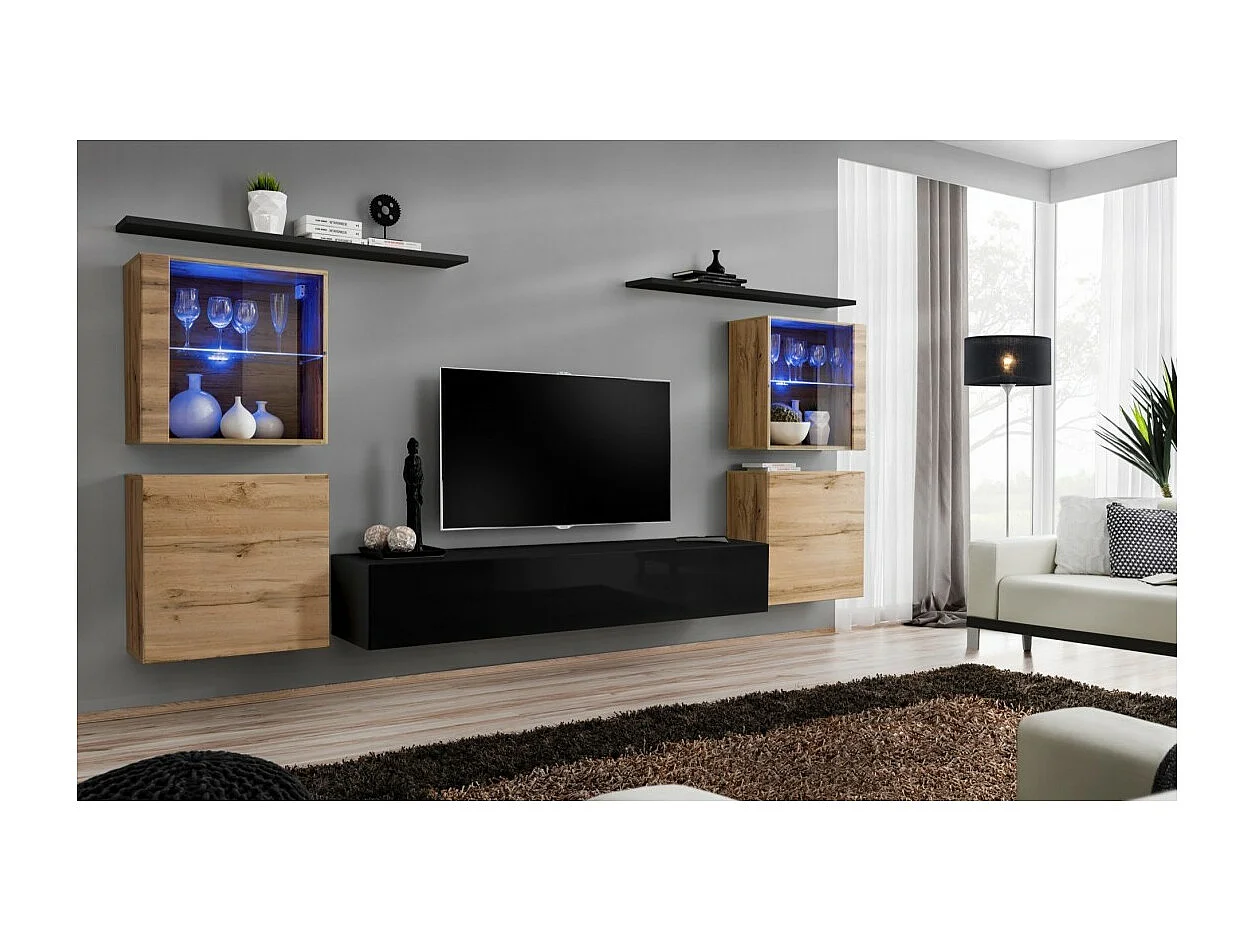 Wandmeubelset voor de woonkamer SWITCH XIV design, in glanzend zwart en Wotan eiken kleur.