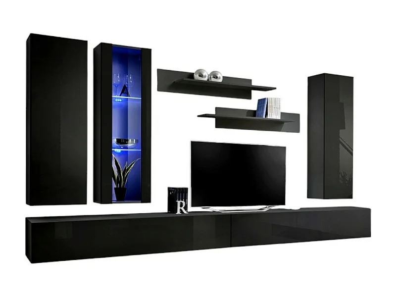 Mueble para TV FLY E4 de diseño, color negro brillante. Mueble colgante moderno y de moda para su sala de estar.