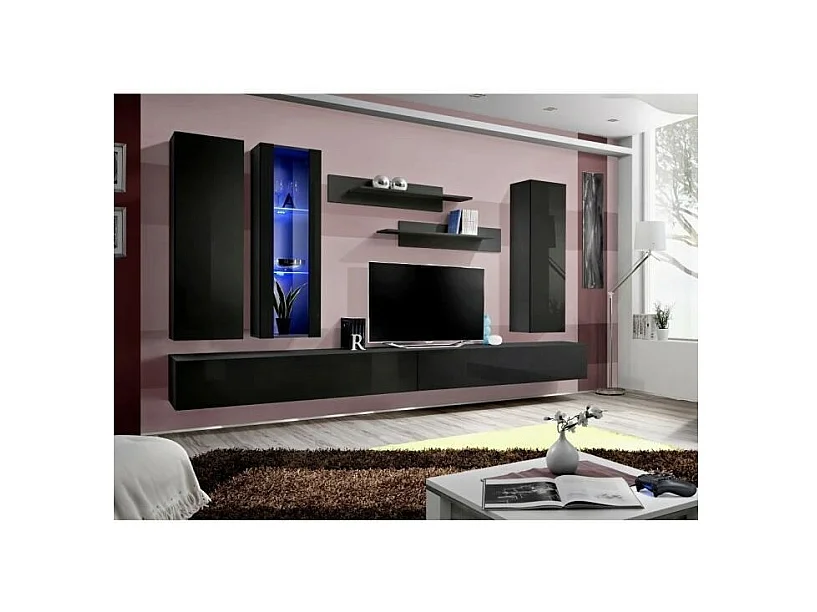 TV-Möbel FLY E4 Design, in glänzendem Schwarz. Modernes und trendiges Hängemöbel für Ihr Wohnzimmer.