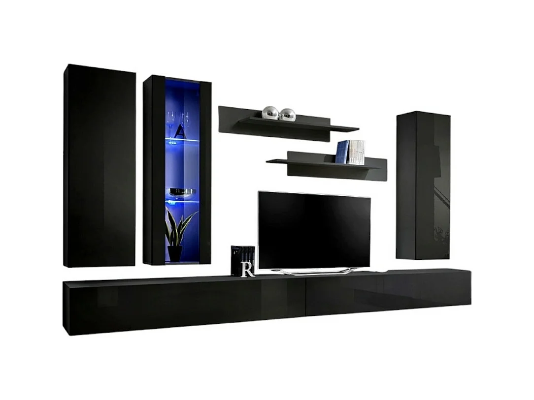 Meuble TV FLY E4 design, coloris noir brillant. Meuble suspendu moderne et tendance pour votre salon.