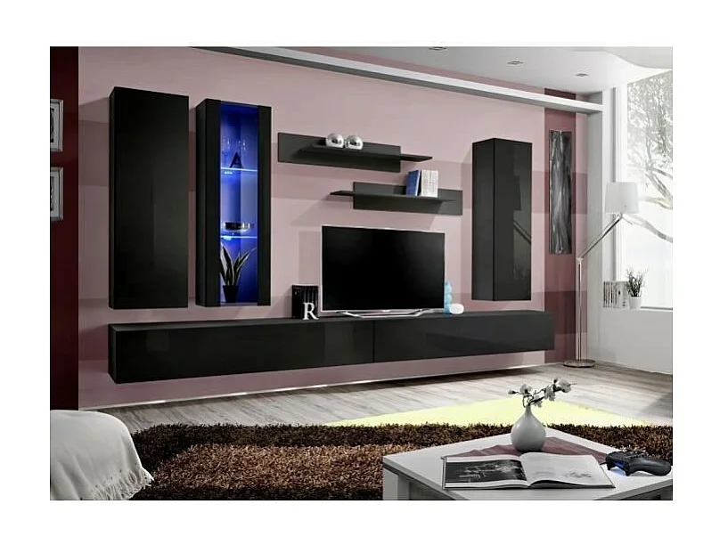 Móvel de TV FLY E4 design, cor preto brilhante. Móvel suspenso moderno e na moda para a sua sala de estar.