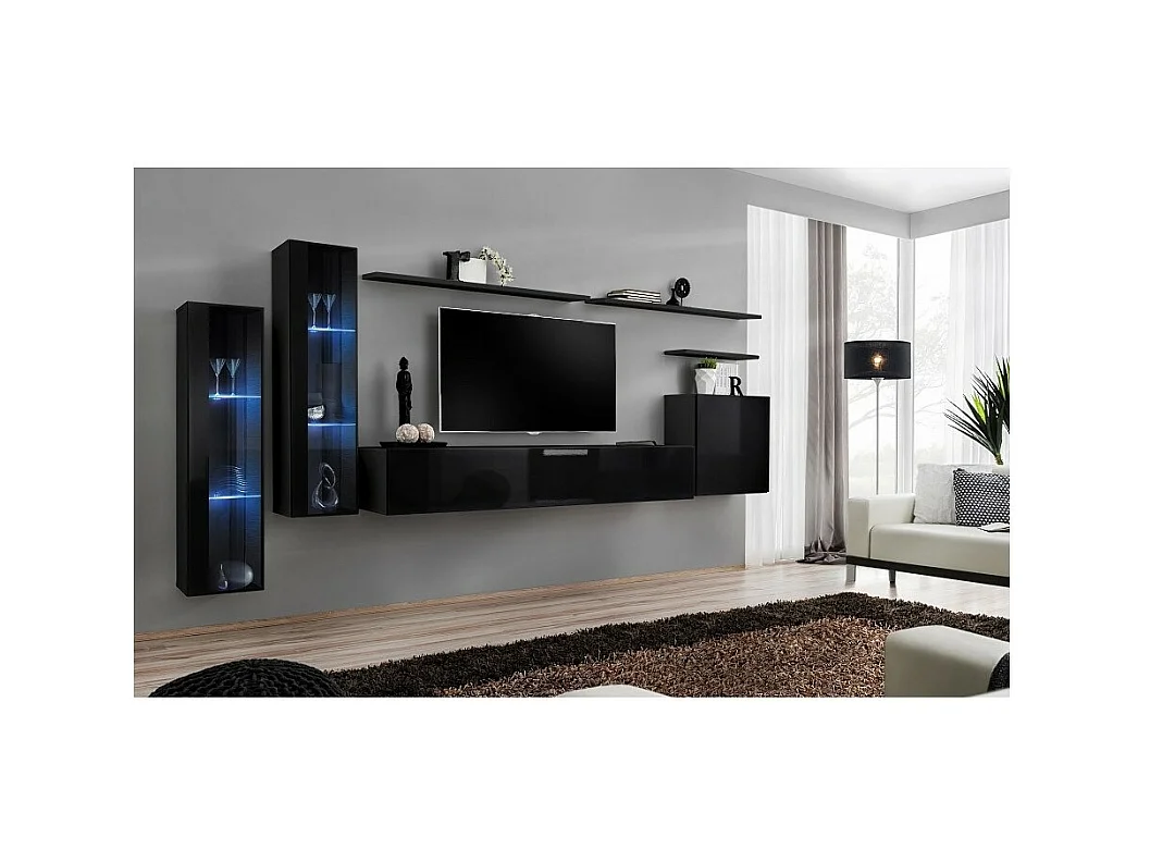 Wohnzimmer-Wandmöbelset SWITCH XI im Design, glänzend schwarz.