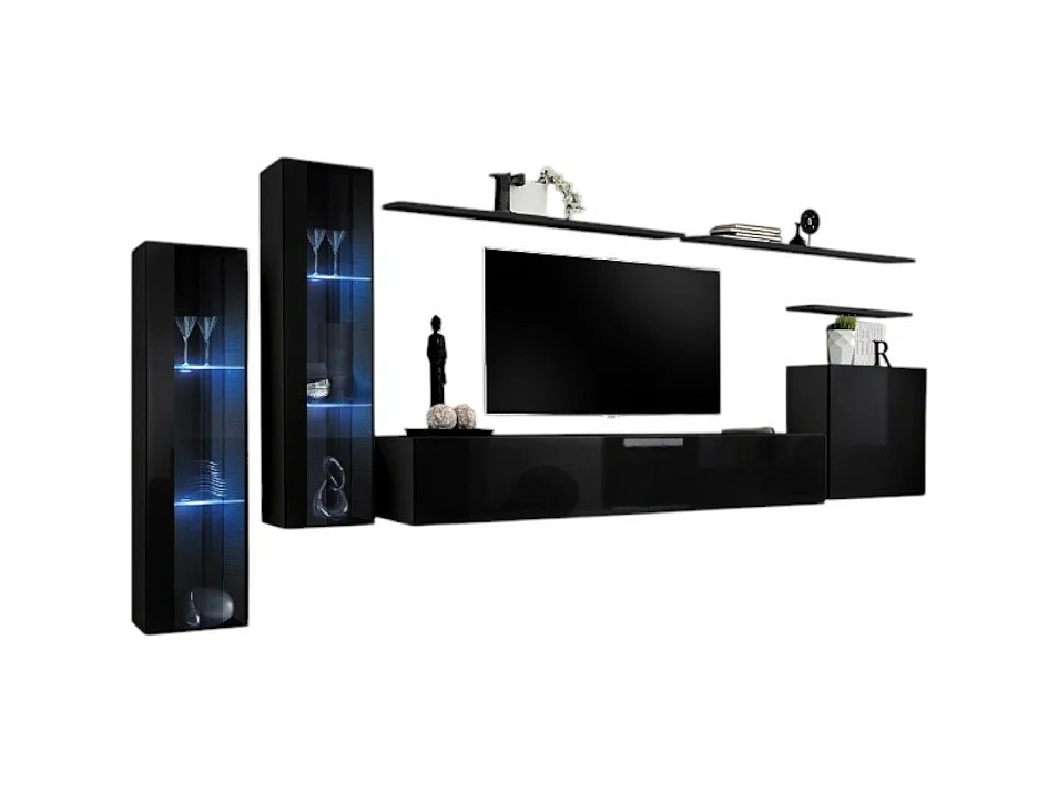 Ensemble meuble salon mural SWITCH XI design, coloris noir brillant.