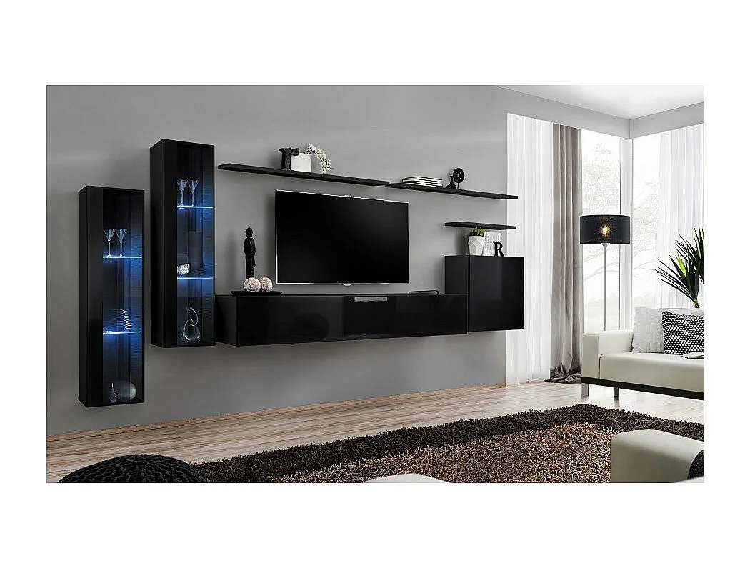 Wandmeubelset voor de woonkamer SWITCH XI design, in glanzend zwart.