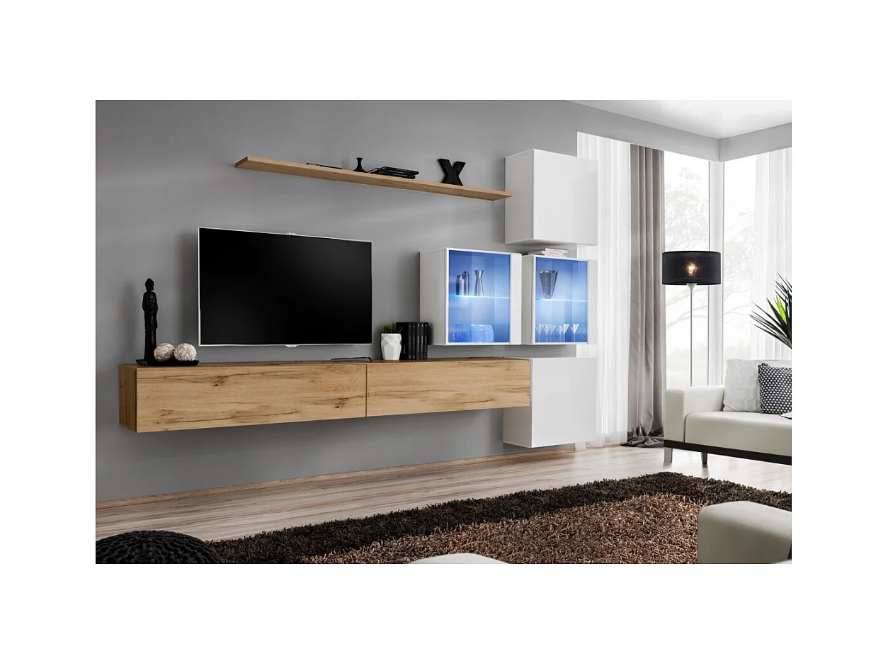 Wohnzimmermöbelset SWITCH XIX Design, Farbe Wotan-Eiche und Hochglanzweiß.