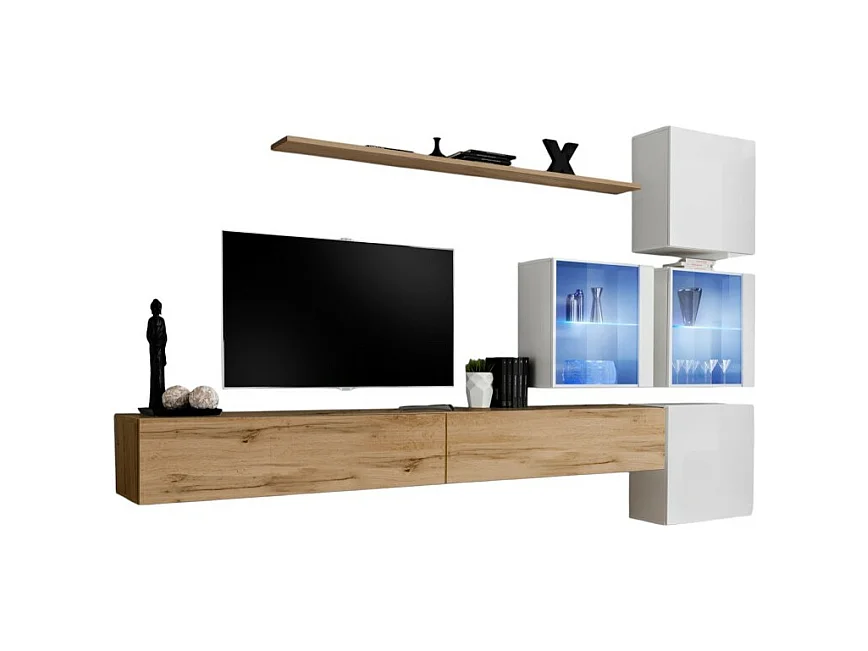 Ensemble meubles de salon SWITCH XIX design, coloris chêne Wotan et blanc brillant.