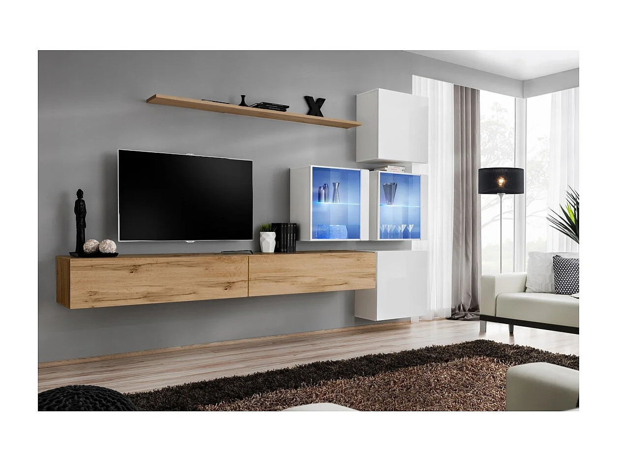 Wohnzimmermöbelset SWITCH XIX Design, Farbe Wotan-Eiche und Hochglanzweiß.