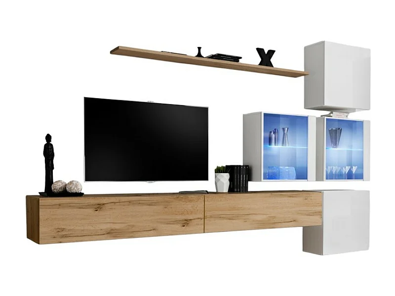 Ensemble meubles de salon SWITCH XIX design, coloris chêne Wotan et blanc brillant.