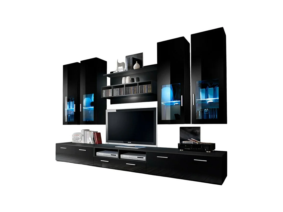 Zusammensetzung von TV-Möbeln, Designkollektion LORA. Farben in Mattschwarz und Glanzschwarz.