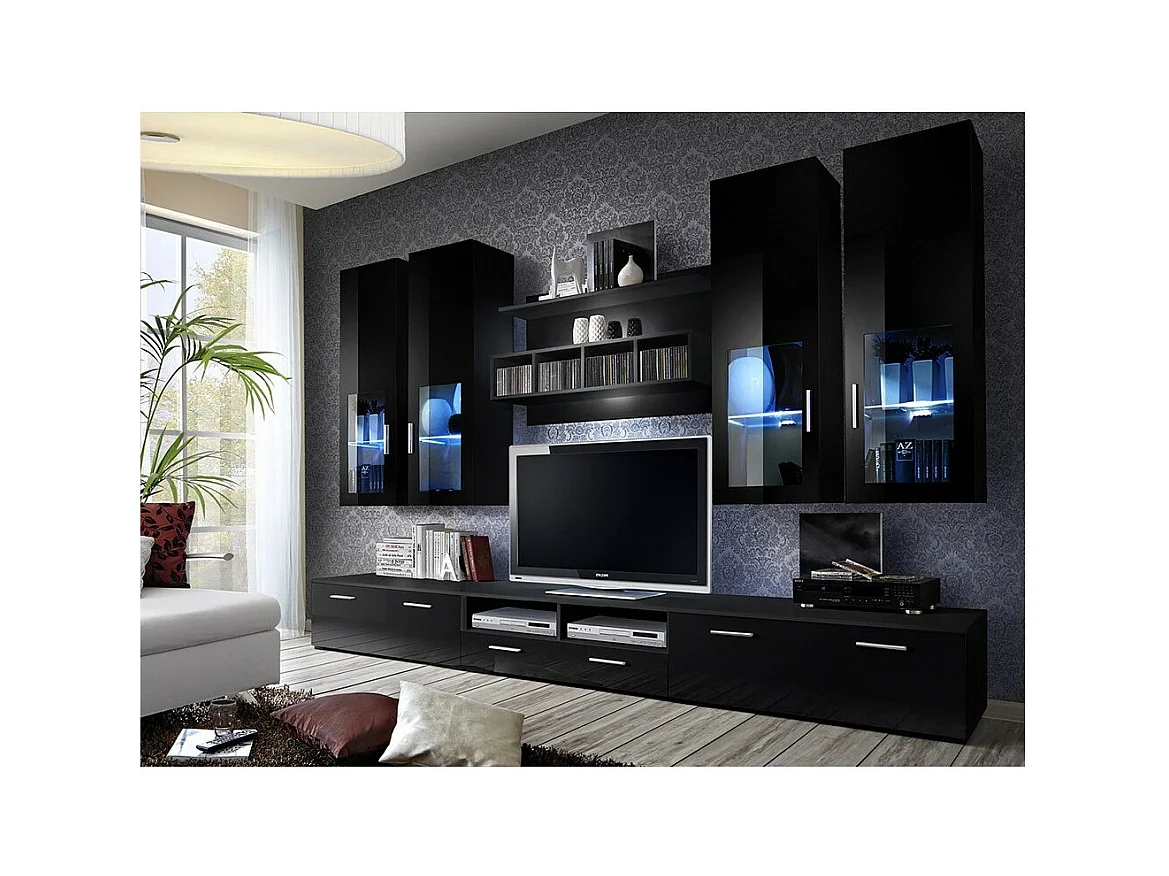 Zusammensetzung von TV-Möbeln, Designkollektion LORA. Farben in Mattschwarz und Glanzschwarz.