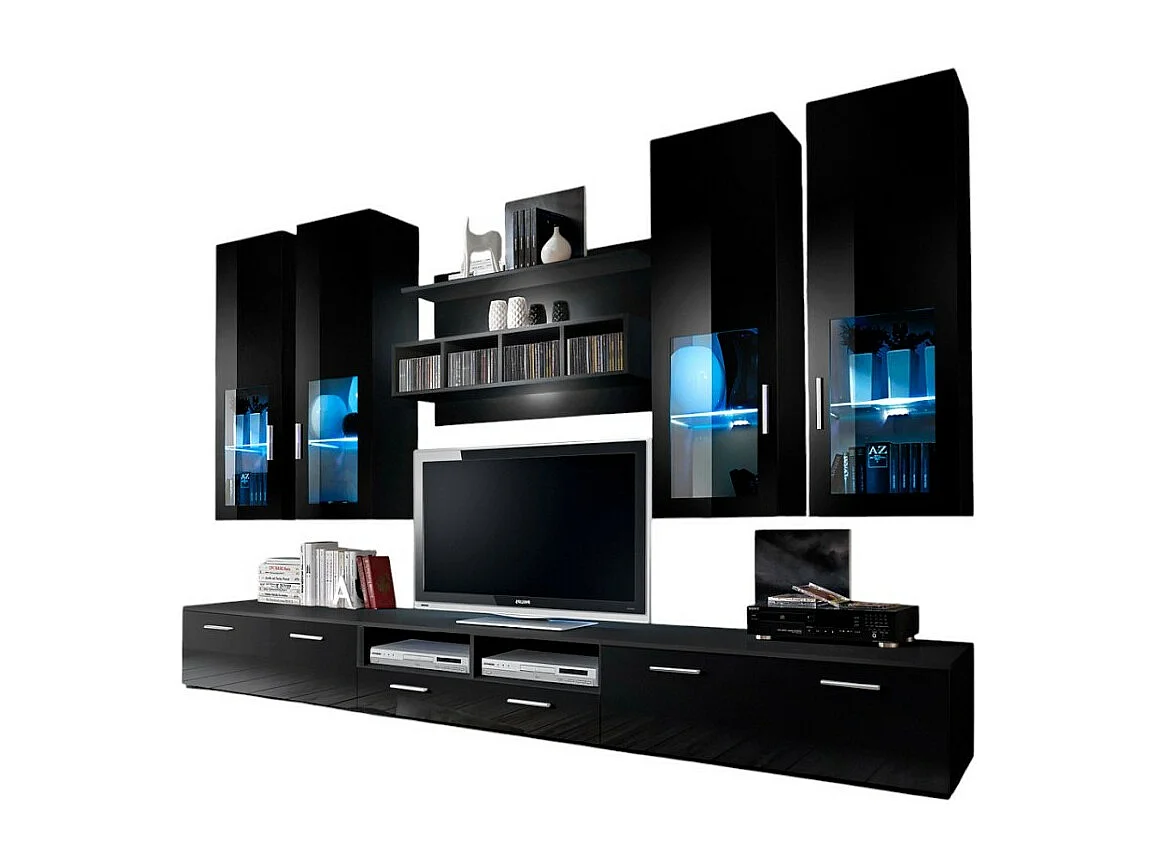 Composition de meubles TV  design collection LORA. Coloris noir mat et noir brillant