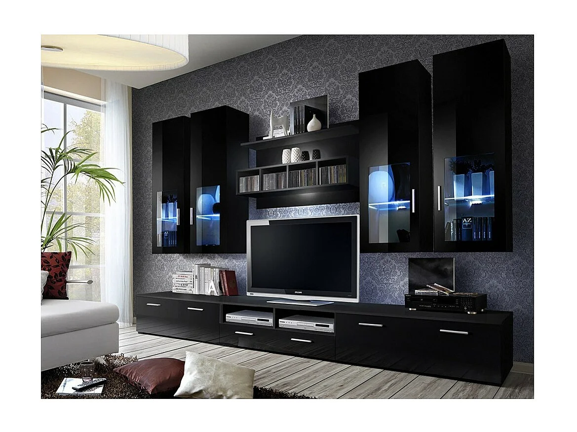 Composition de meubles TV  design collection LORA. Coloris noir mat et noir brillant