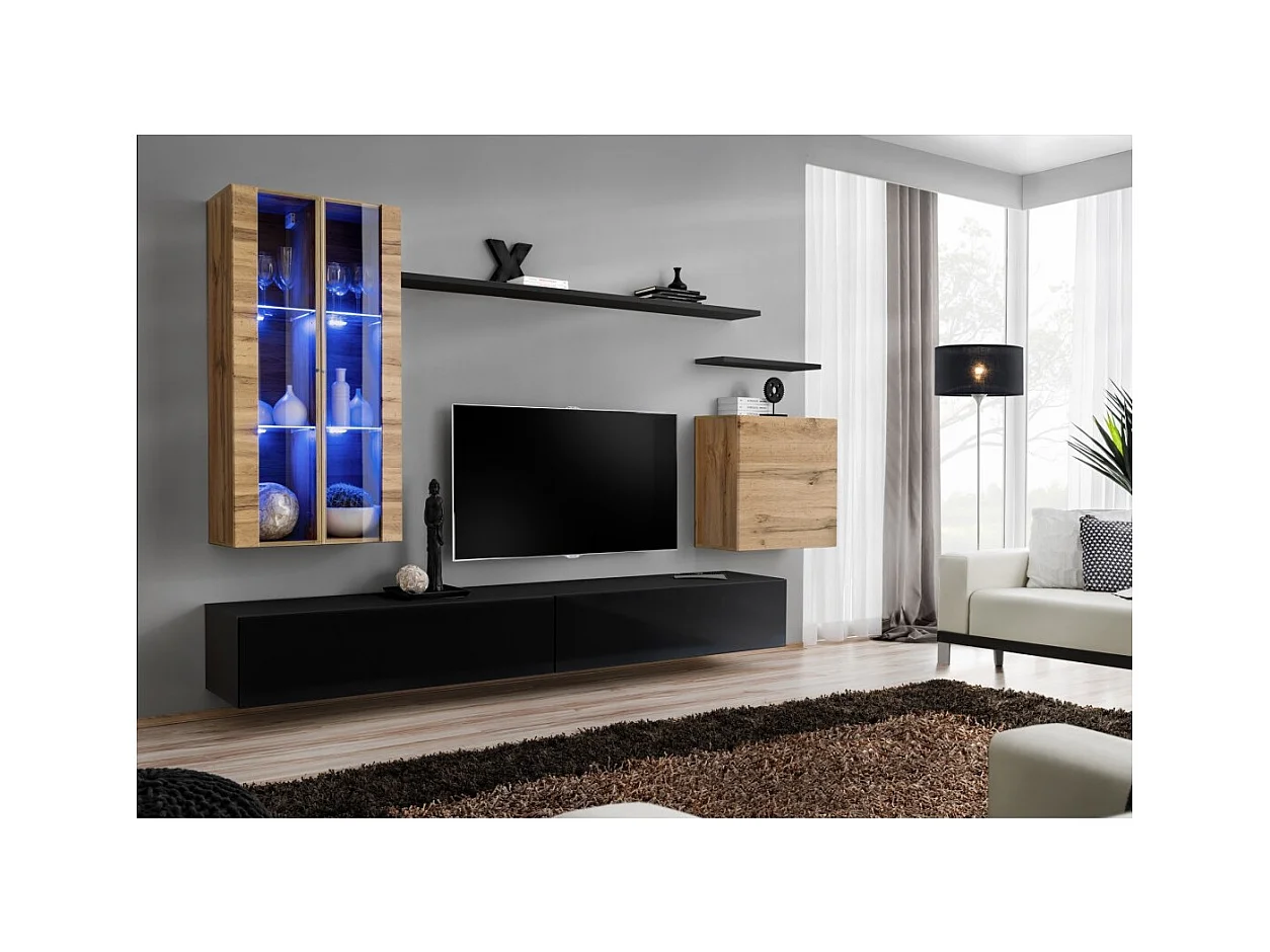 Set di mobili da soggiorno da parete SWITCH XII design, colore nero lucido e rovere Wotan.