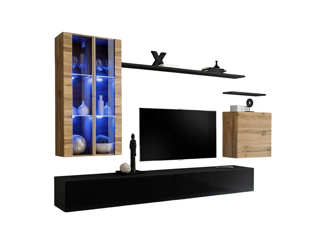 Ensemble meuble salon mural SWITCH XII design, coloris noir brillant et chêne Wotan.