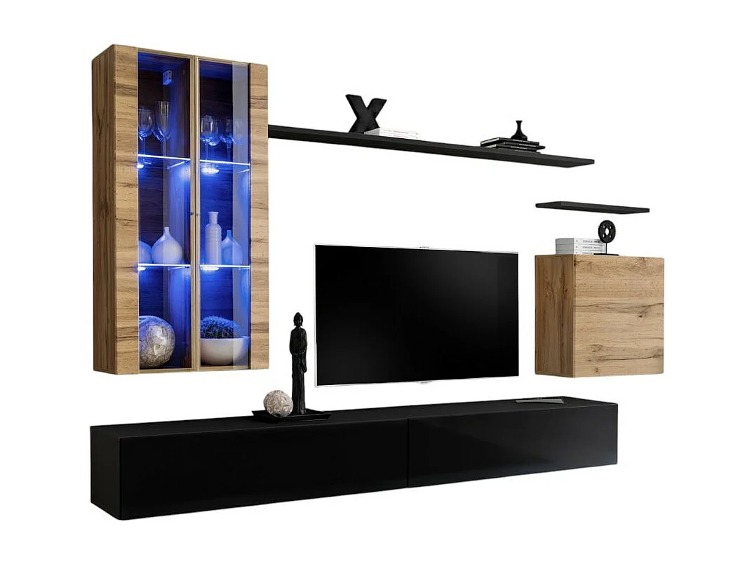 Ensemble meuble salon mural SWITCH XII design, coloris noir brillant et chêne Wotan.