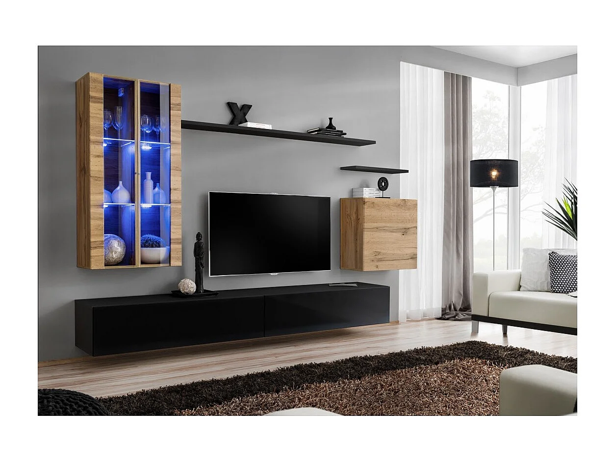 Ensemble meuble salon mural SWITCH XII design, coloris noir brillant et chêne Wotan.