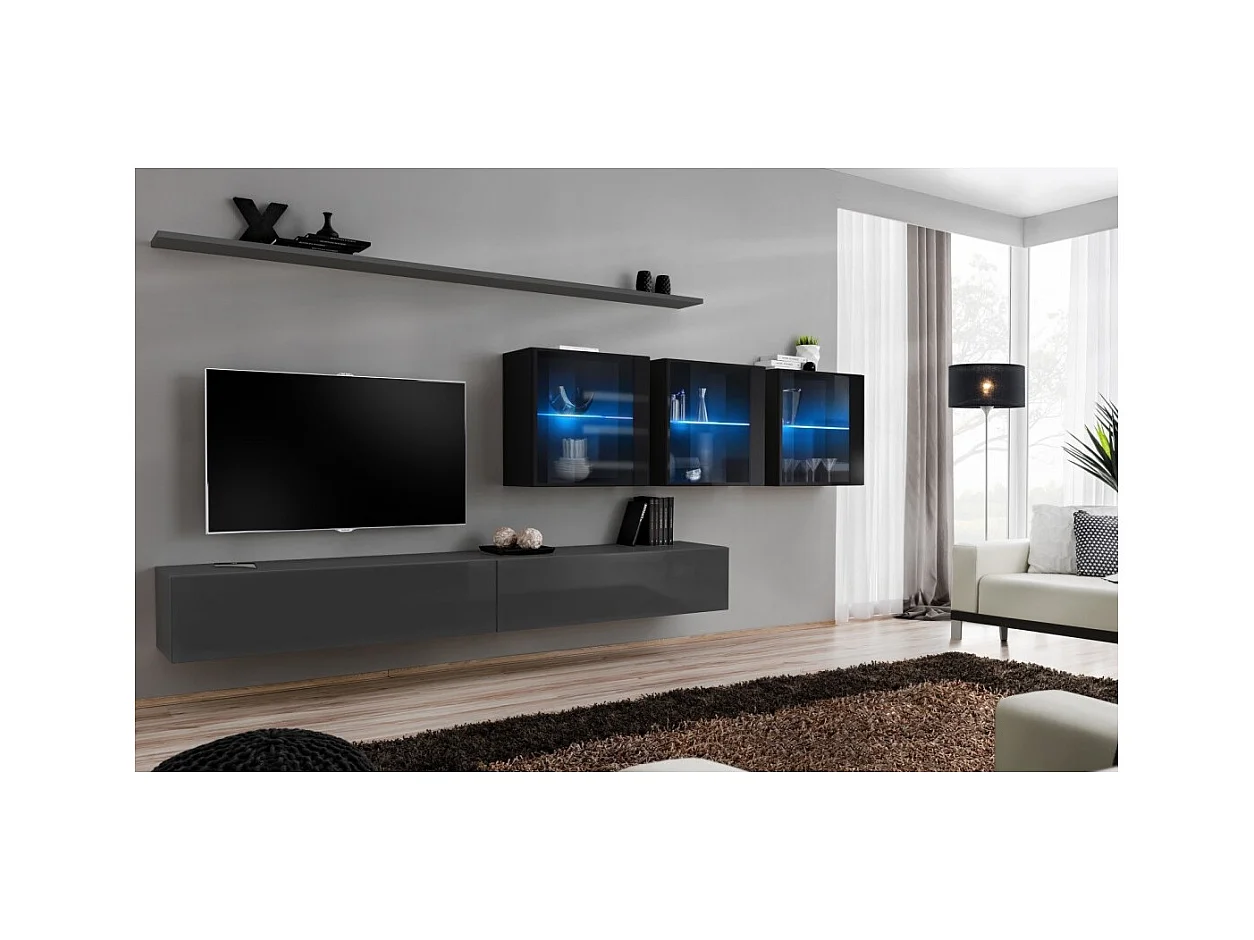 Wandmeubelset voor de woonkamer SWITCH XVII design, in glanzend grijs en zwart.