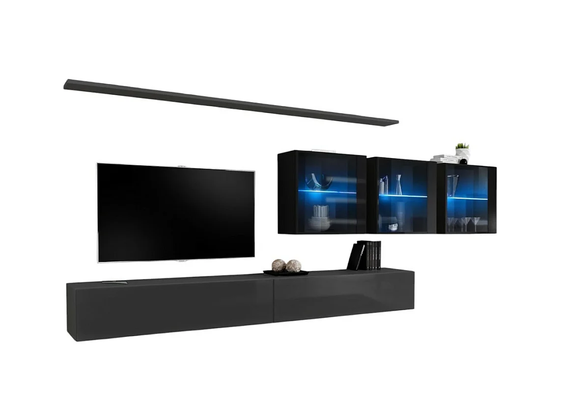 Ensemble meuble salon mural SWITCH XVII design, coloris gris et noir brillant.