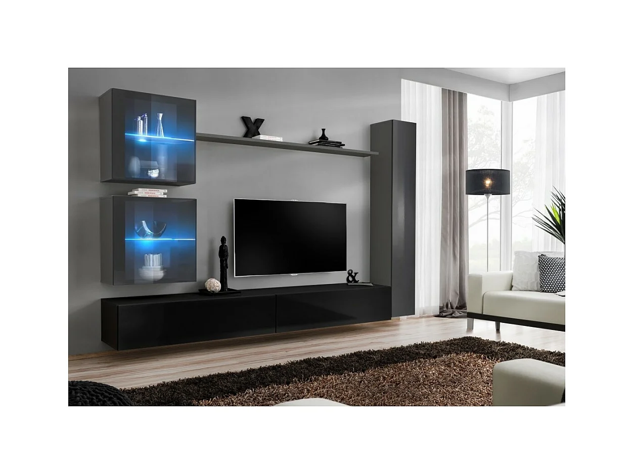 Wandmeubelset voor de woonkamer SWITCH XVIII design, in glanzend zwart en grijs.