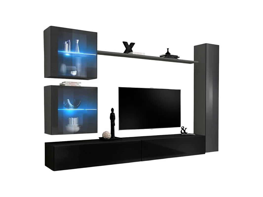 Ensemble meuble salon mural SWITCH XVIII design, coloris noir et gris brillant.