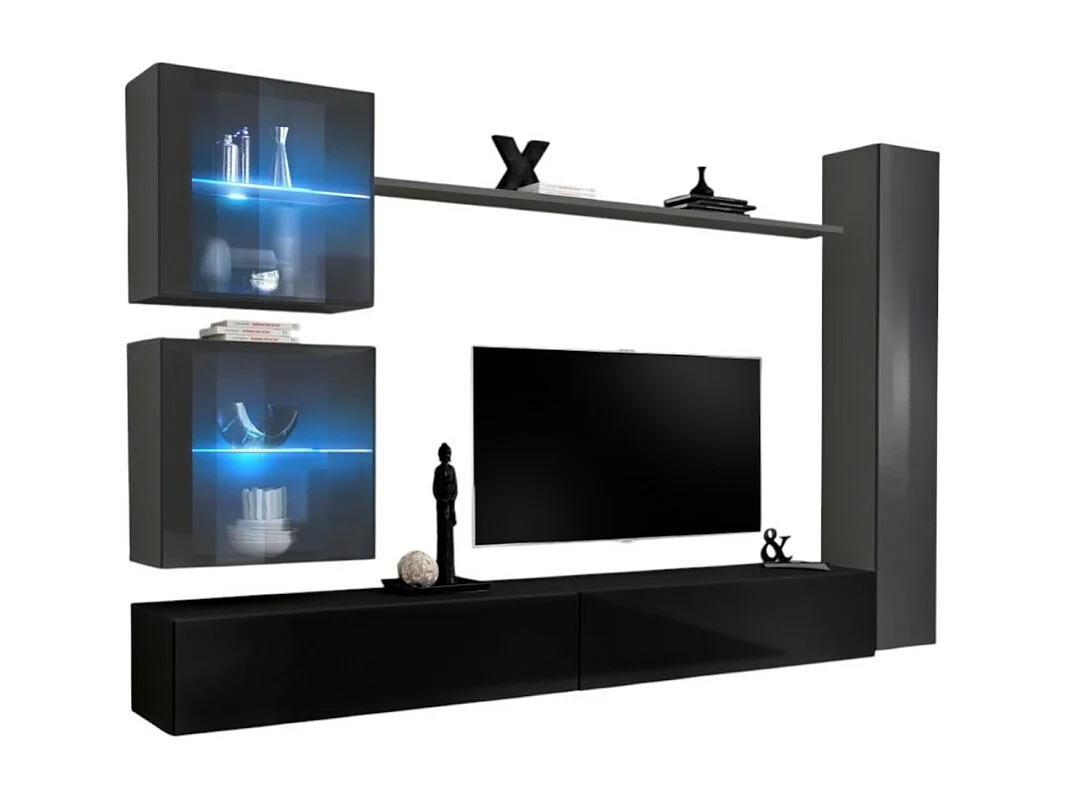 Ensemble meuble salon mural SWITCH XVIII design, coloris noir et gris brillant.