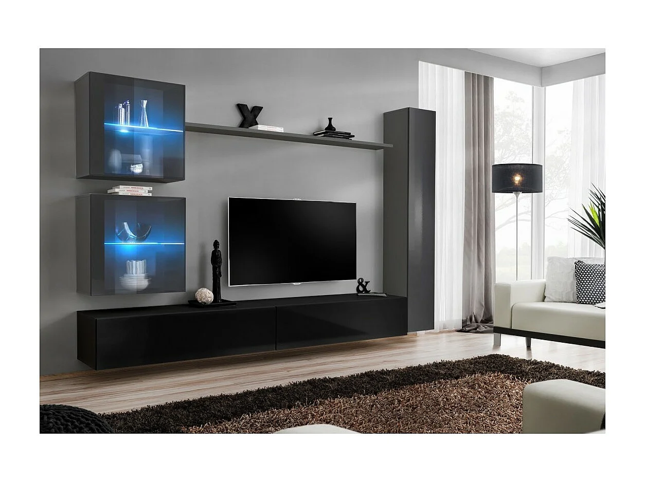 Ensemble meuble salon mural SWITCH XVIII design, coloris noir et gris brillant.